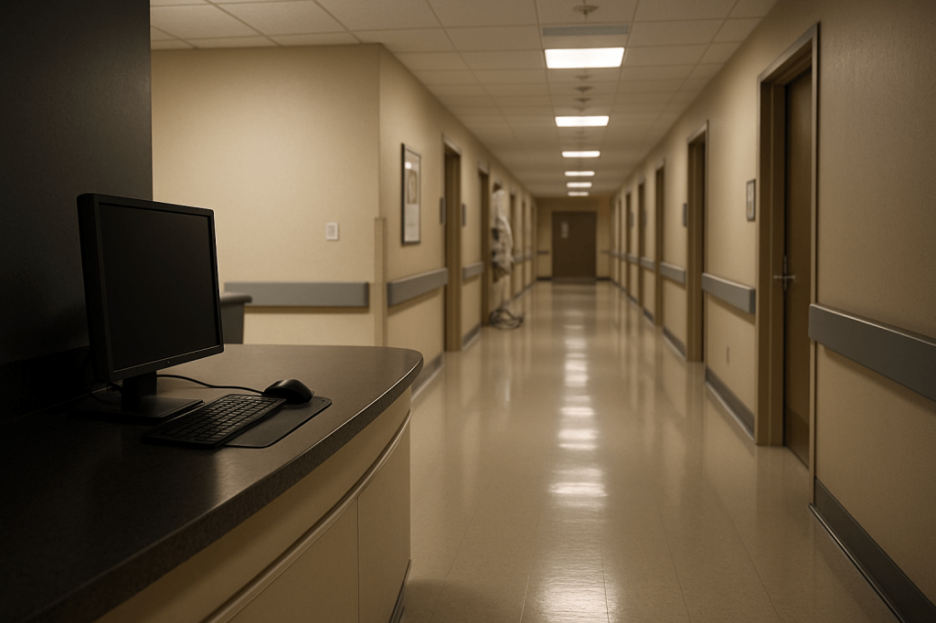 A dimly lit hospital hallway viewed from the nursing station, capturing the atmosphere of a night shift.