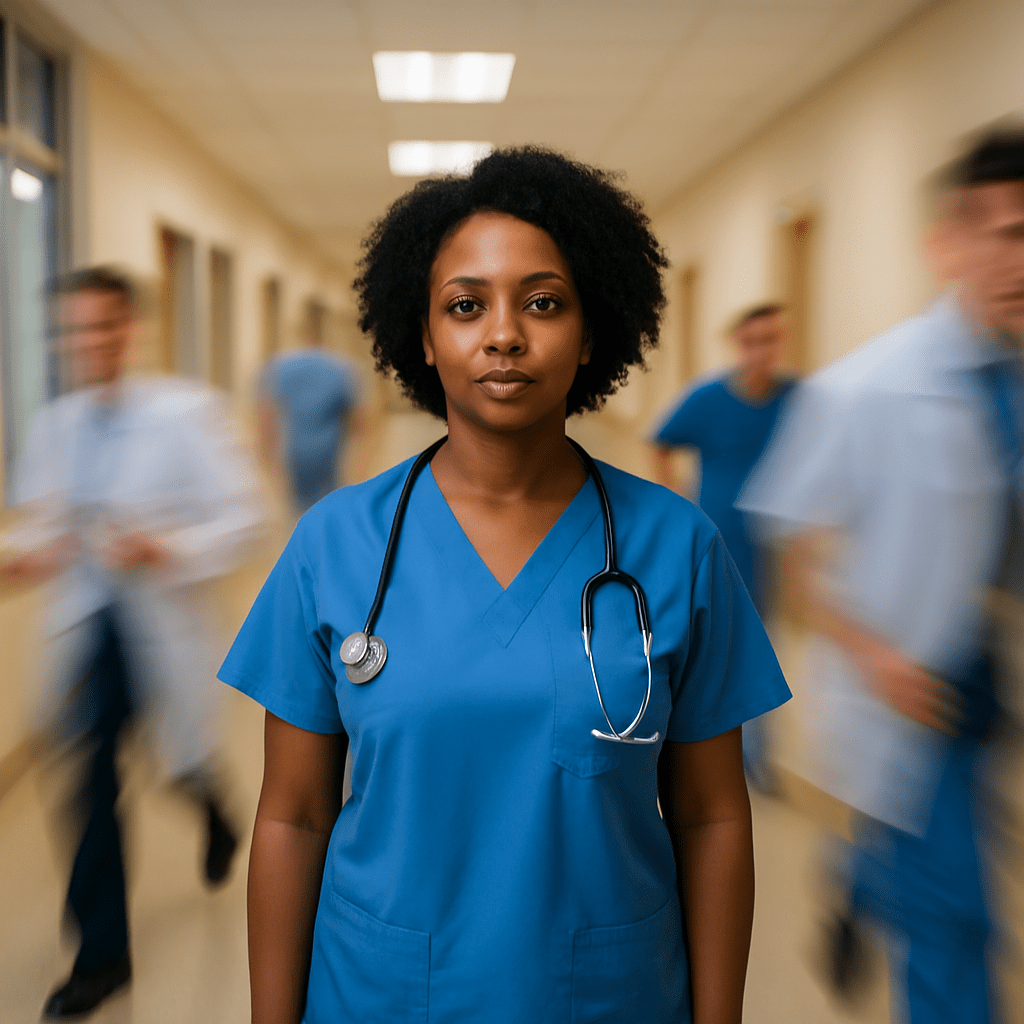 An African American nurse standing calmly in a hospital hallway while blurred figures rush around her, symbolizing steady focus and calm under pressure