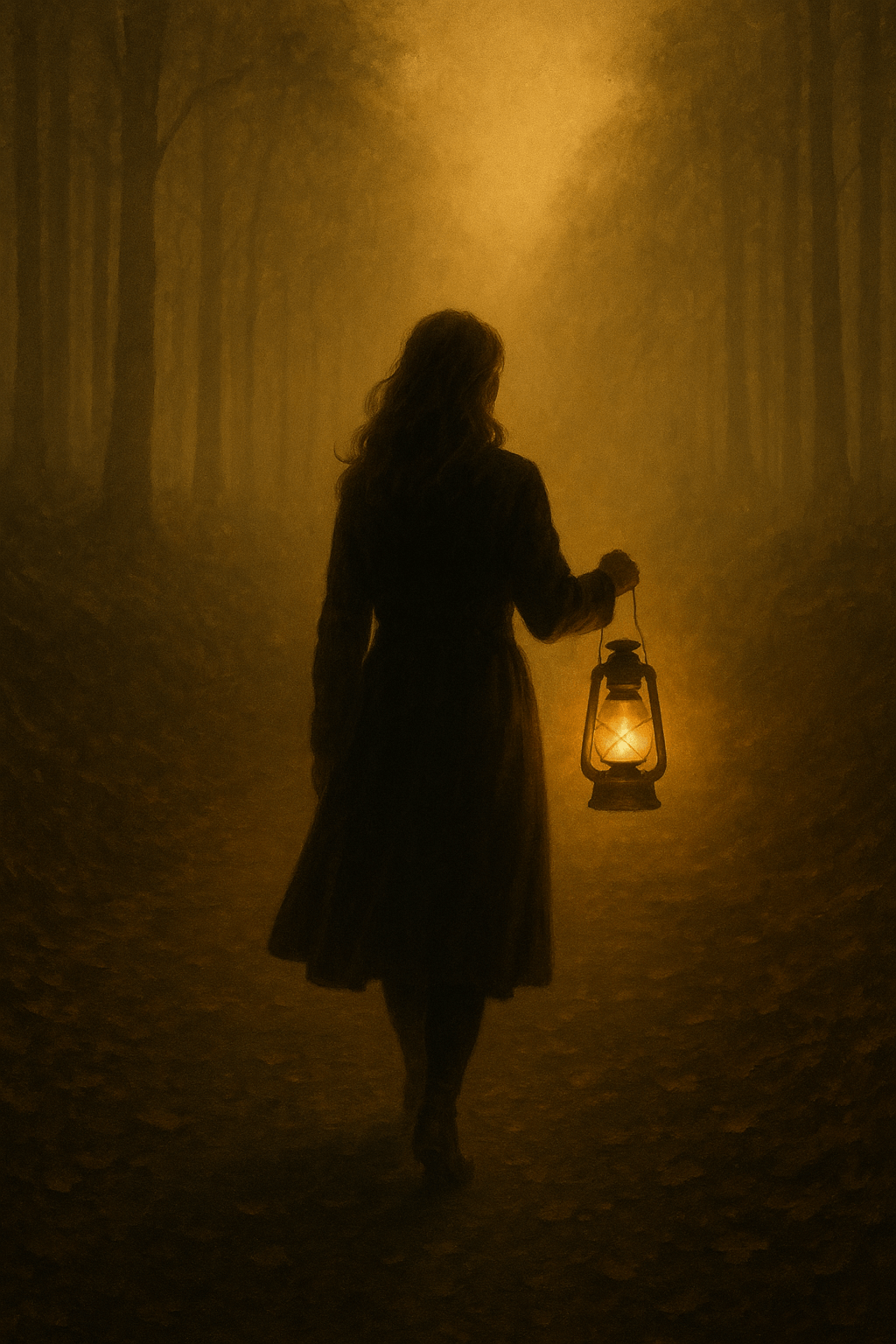 Golden-toned image of a woman holding a lantern and walking through a foggy forest path, symbolizing clarity and discovery for the About Me page of Clarity and Case