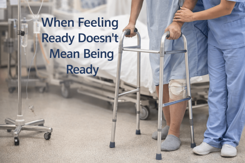 A hospital room scene showing a patient paused mid-step with a mobility aid while a medical staff member stands nearby, emphasizing supervised movement and safety during recovery