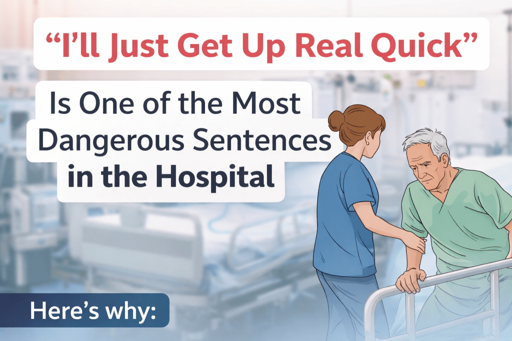 Educational hospital-themed graphic showing a nurse holding the arm of patient getting out of bed, symbolizing safety and prevention during recovery