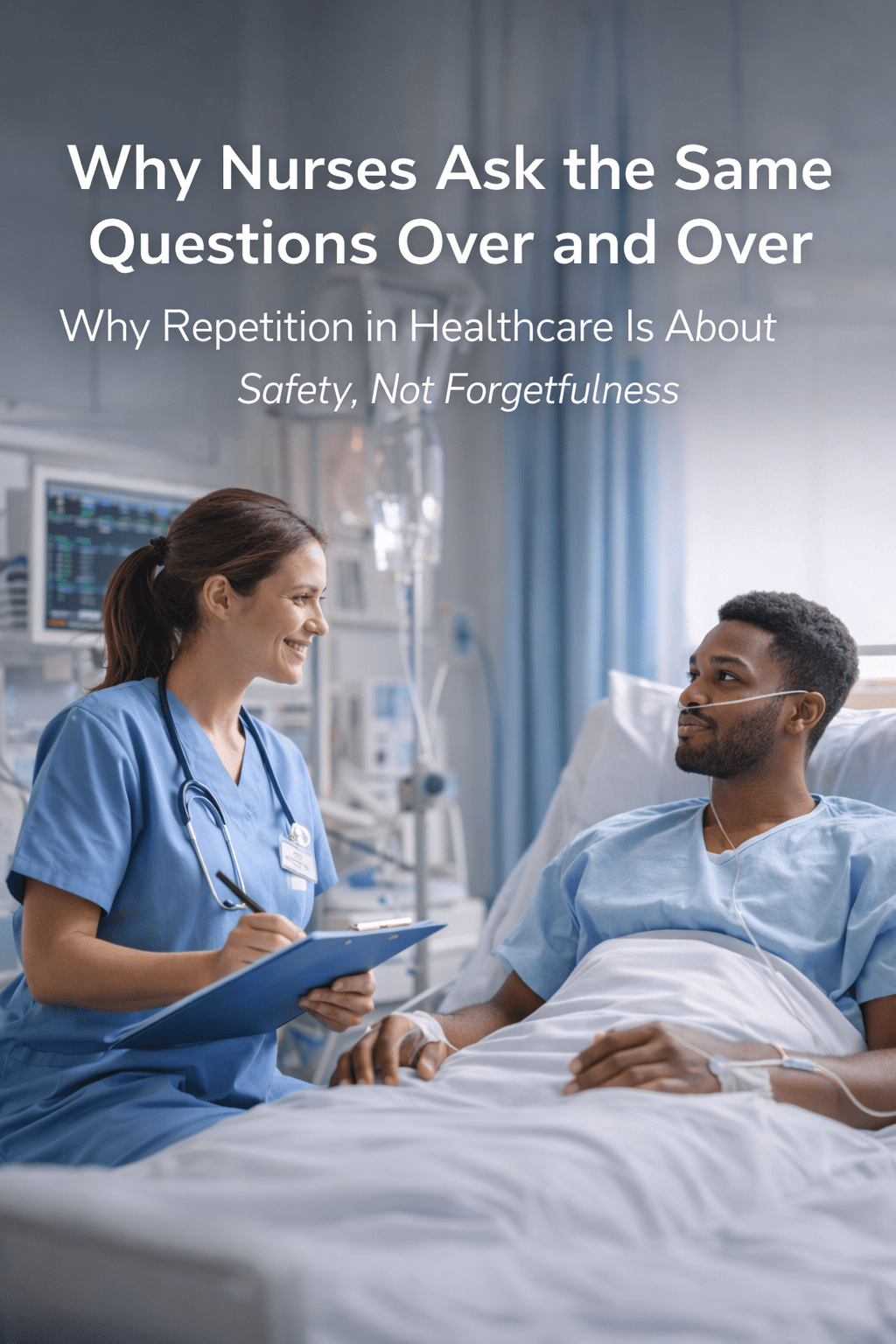 A nurse stands at a patient’s bedside reviewing information on a clipboard while the patient listens attentively in a hospital room