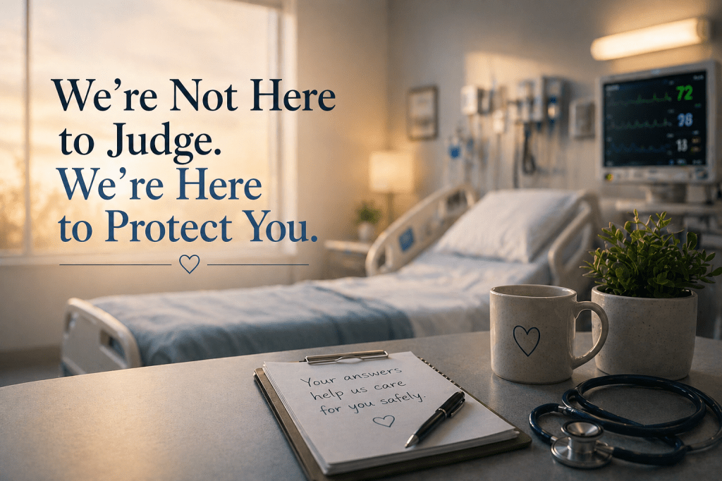 Warm, softly lit hospital room with patient bed, monitor, and nurse’s desk, representing trust, safety, and compassionate care.