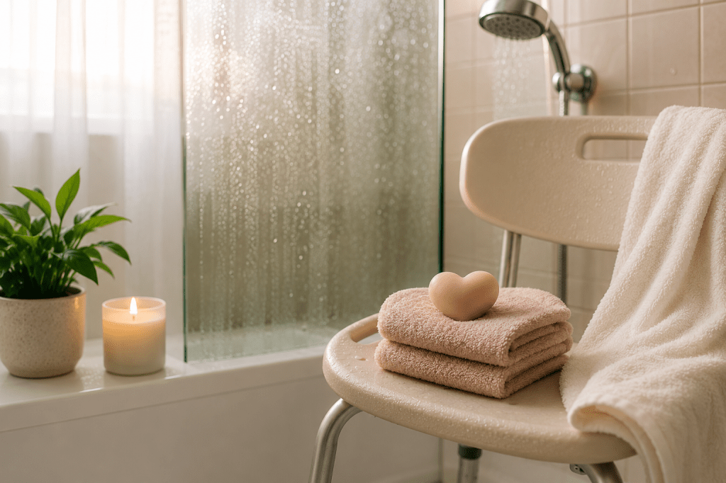 Softly lit bathroom with a shower chair, folded towels, and a steamy shower representing post-surgery recovery after anesthesia.