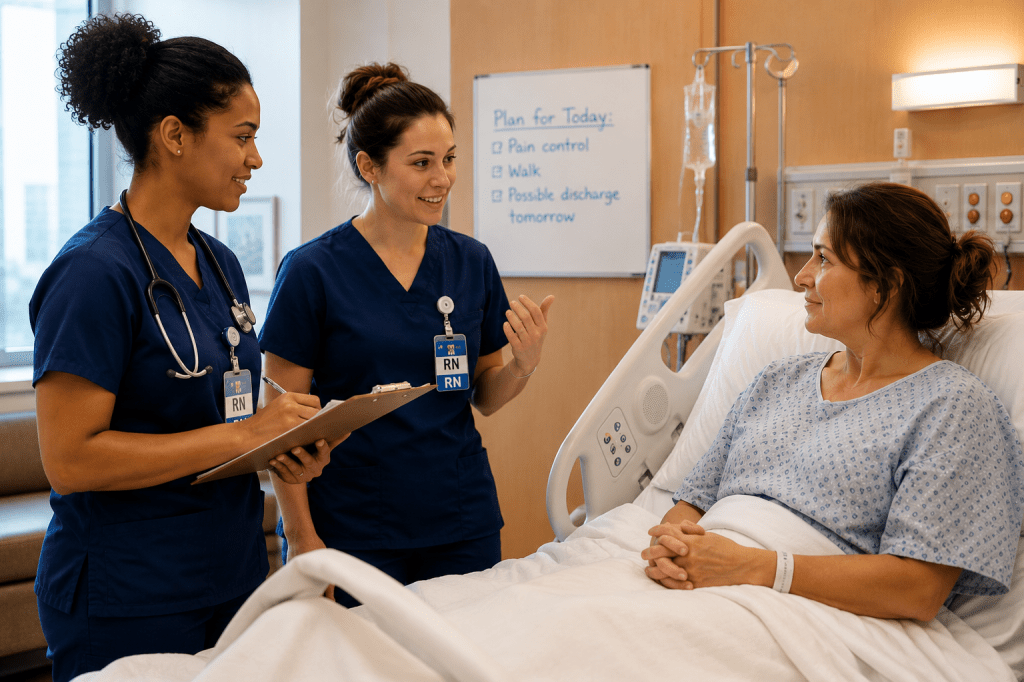 Two nurses perform a bedside shift report with a hospitalized patient, reviewing the plan of care together while including the patient in the conversation.