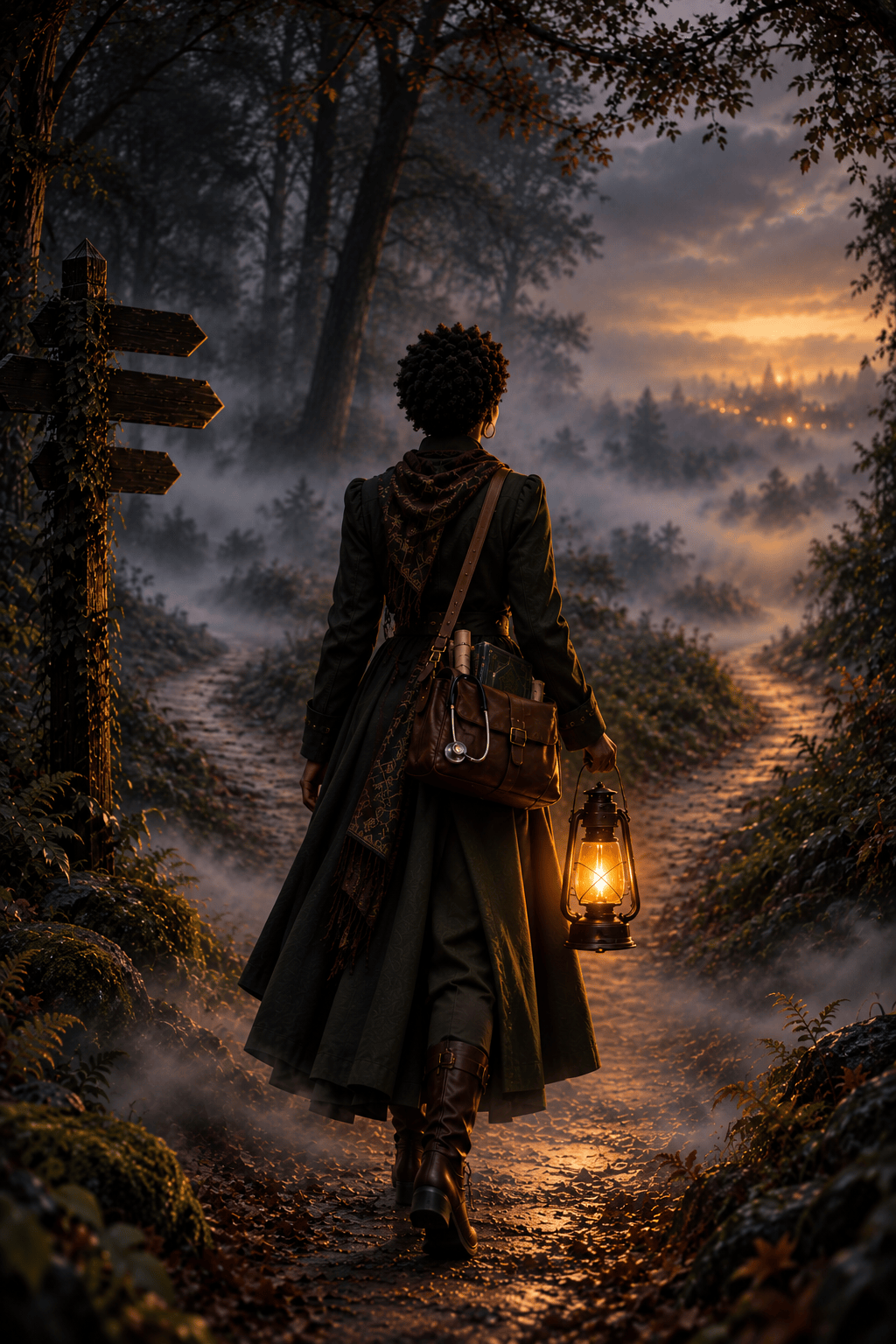 A black woman with short natural hair carries a lantern and satchel as she walks toward two fog-covered paths in a dark forest.